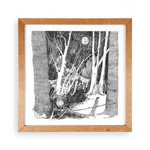 May include: Black and white illustration of a snowy forest scene with trees and a full moon in the sky.