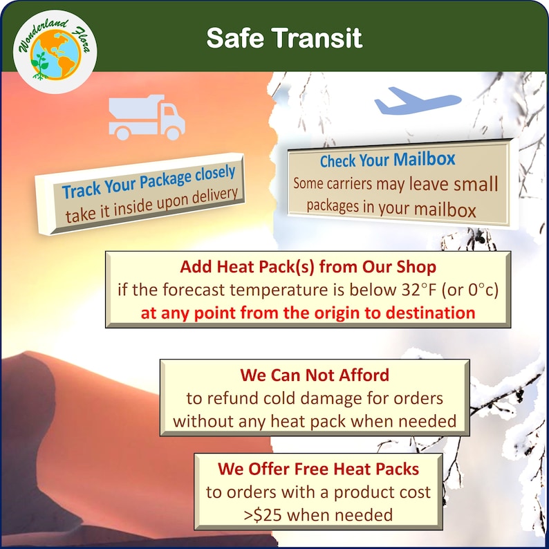 May include: A graphic with tips for safe transit of temperature-sensitive items. It includes advice to track packages closely, check your mailbox, and add heat packs when needed. It also states that they cannot refund cold damage for orders without heat packs and that they offer free heat packs for orders over &pound;25.