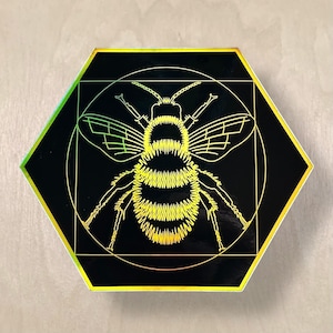 Beautiful Big Vivitruvian Bee - hexagonal holographic sticker