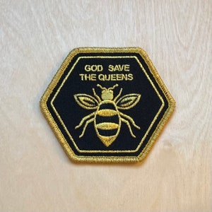 God Save the Queens - Hexagonal Embroidered Golden Bee Patch
