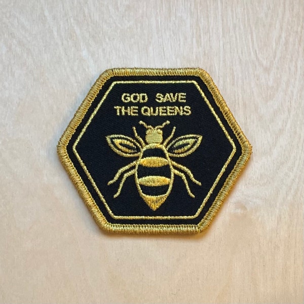 God Save the Queens - Hexagonal Embroidered Golden Bee Patch