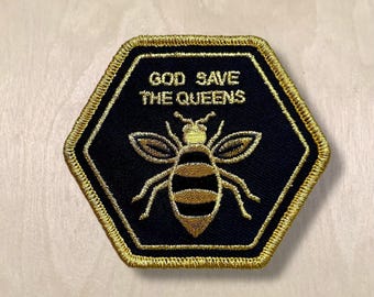 God Save the Queens - Hexagonal Embroidered Golden Bee Patch