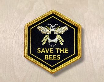 Save the Bees - Hexagonal Embroidered Bee Patch
