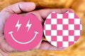 Set of 2 Car Coasters, Checkered and Lightning Bolt Smile Face, Multiple Color Choices, * 2 New Color Choices Available! *