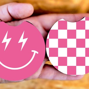 Set of 2 Car Coasters, Checkered and Lightning Bolt Smile Face, Multiple Color Choices, * 2 New Color Choices Available! *