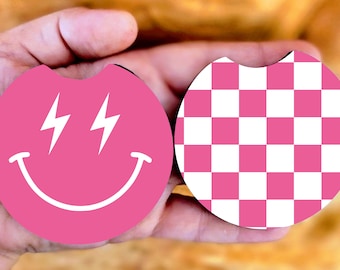 Set of 2 Car Coasters, Checkered and Lightning Bolt Smile Face, Multiple Color Choices, * 2 New Color Choices Available! *