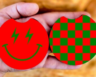 Christmas Checkered And Lightning Bolt Smile Face Absorbent Car Coasters, Set of 2, Red and Green