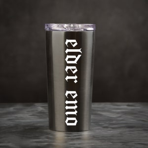 May include: A stainless steel tumbler with a black lid and the words "elder emo" printed in white on the side.