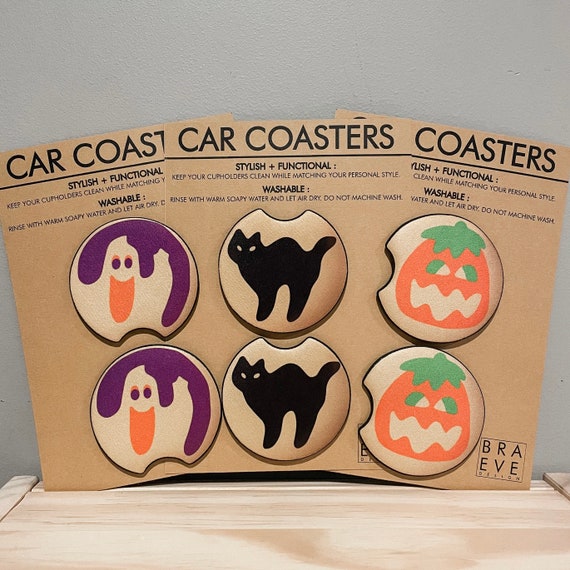 Set of 2 Halloween Pillsbury Sugar Cookie Car Coasters, Pumpkin, Ghost, Black Cat, Mix & Match