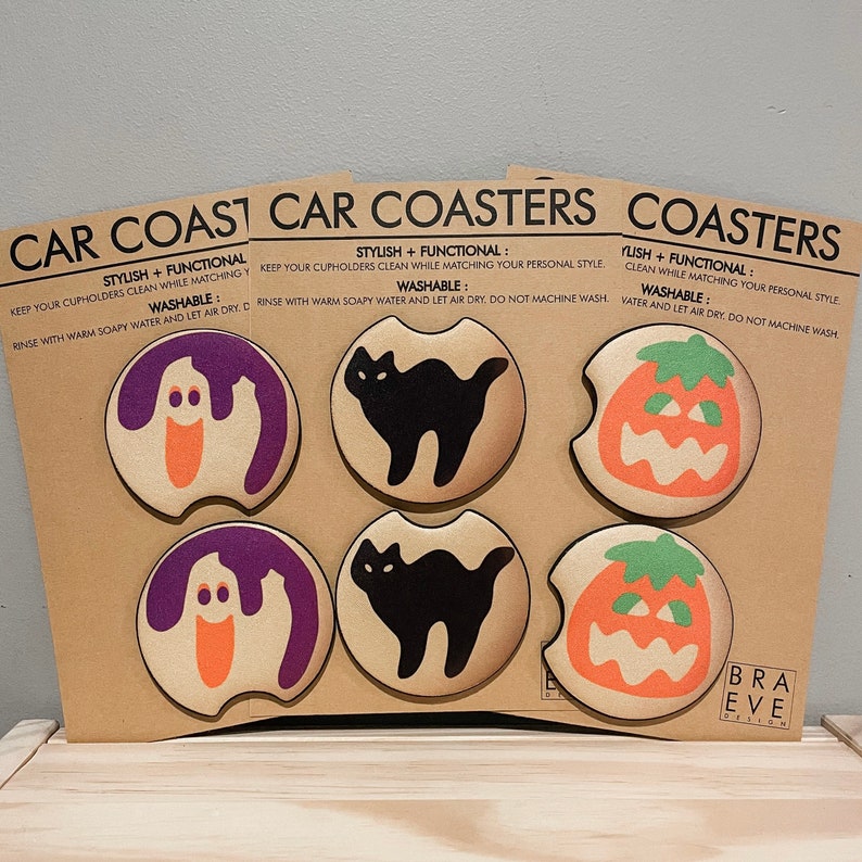 Set of 2 Halloween Pillsbury Sugar Cookie Car Coasters, Pumpkin, Ghost, Black Cat, Mix & Match bild 1