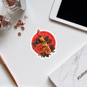 May include: A red and white sticker with a lipstick illustration and the text "Don't bother asking".