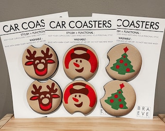 Set of 2 Christmas Pillsbury Sugar Cookie Car Coasters, Snowman, Christmas Tree, Reindeer, Mix & Match, Soft Neoprene Coasters