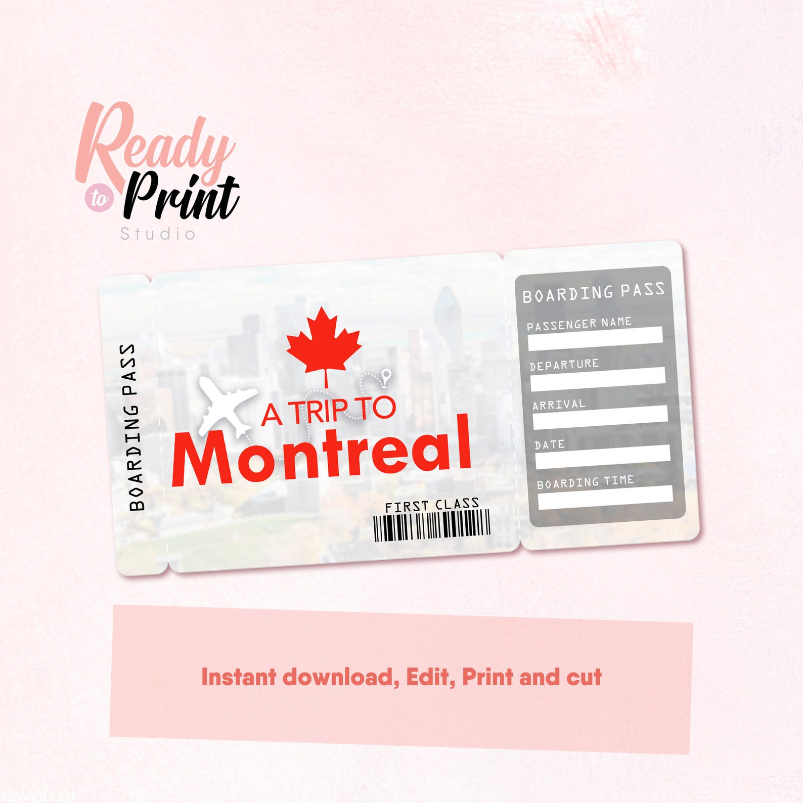 Montreal Printable Airline Ticket Boarding Pass Template Etsy