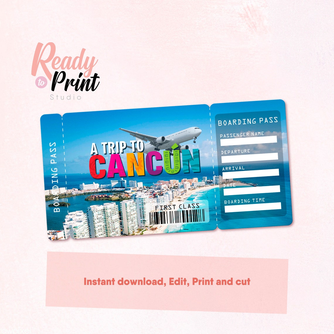 Cancun Mexico Printable Airline Ticket Boarding Pass Template Etsy