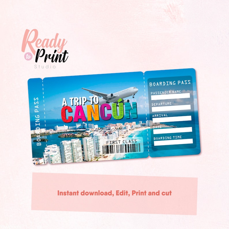 Cancun Mexico Printable Airline Ticket Boarding Pass Template Etsy