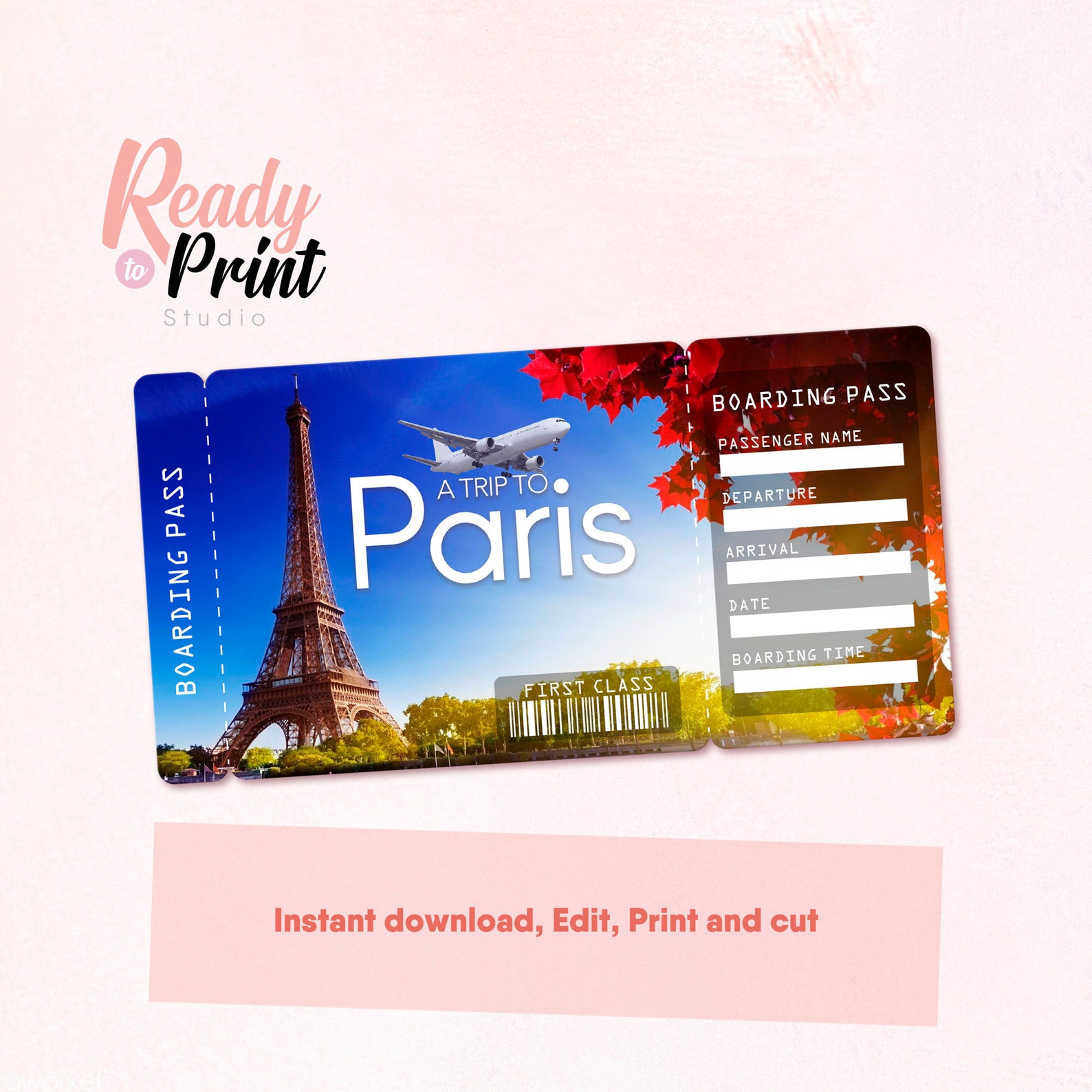 Paris Printable Airline Ticket Boarding Pass Template Etsy