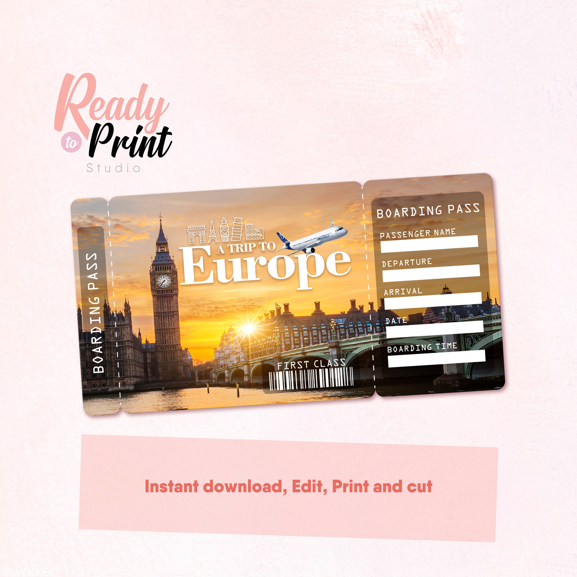 Europe Printable Airline Ticket Boarding Pass Template Etsy