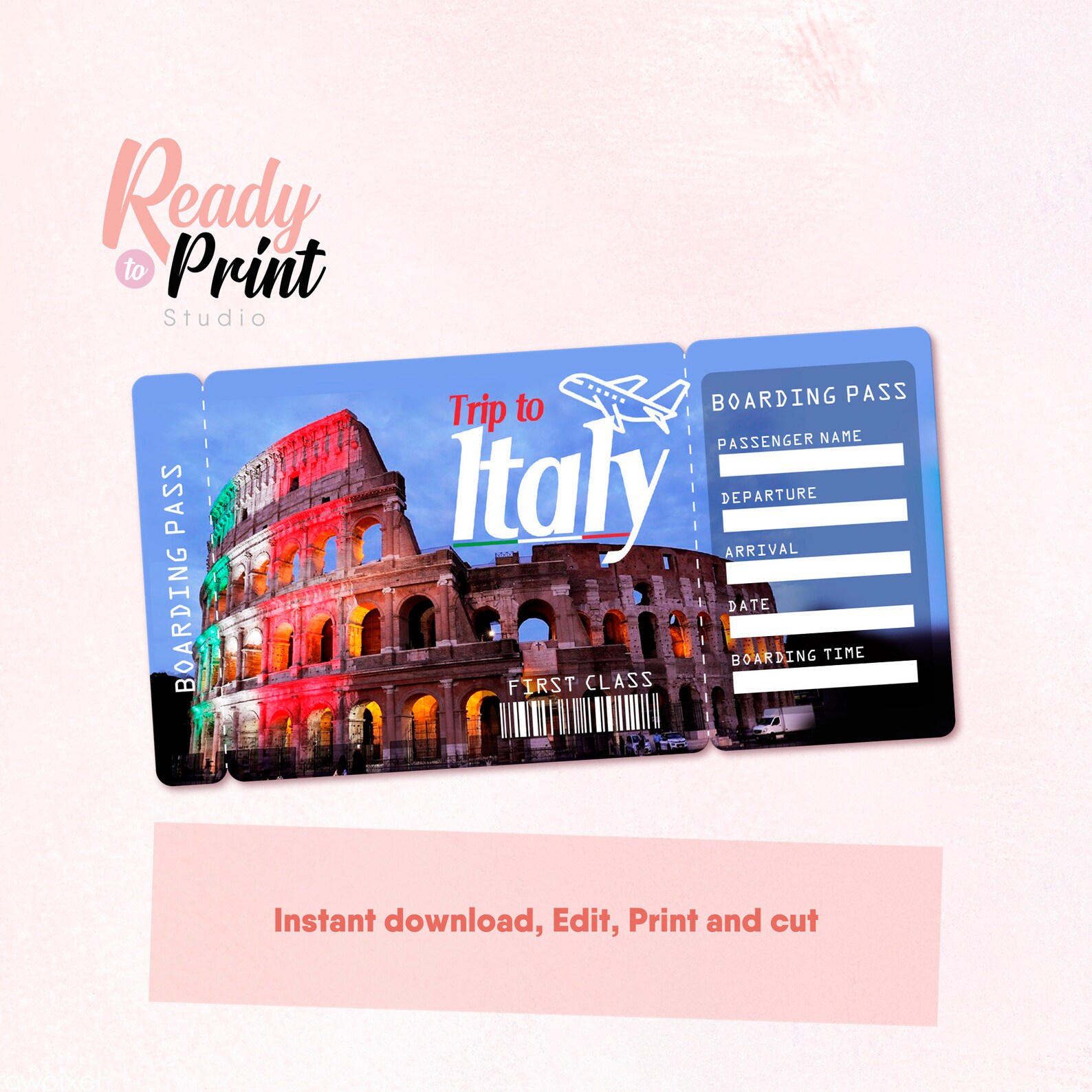 Italy Printable Airline Ticket Boarding Pass Template Etsy