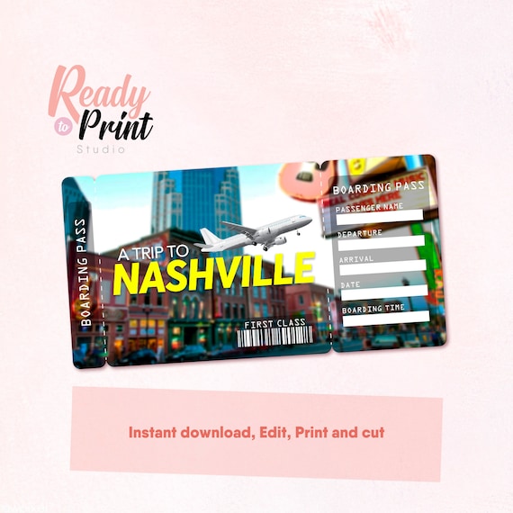 Nashville Printable Airline Ticket Boarding Pass Template Etsy