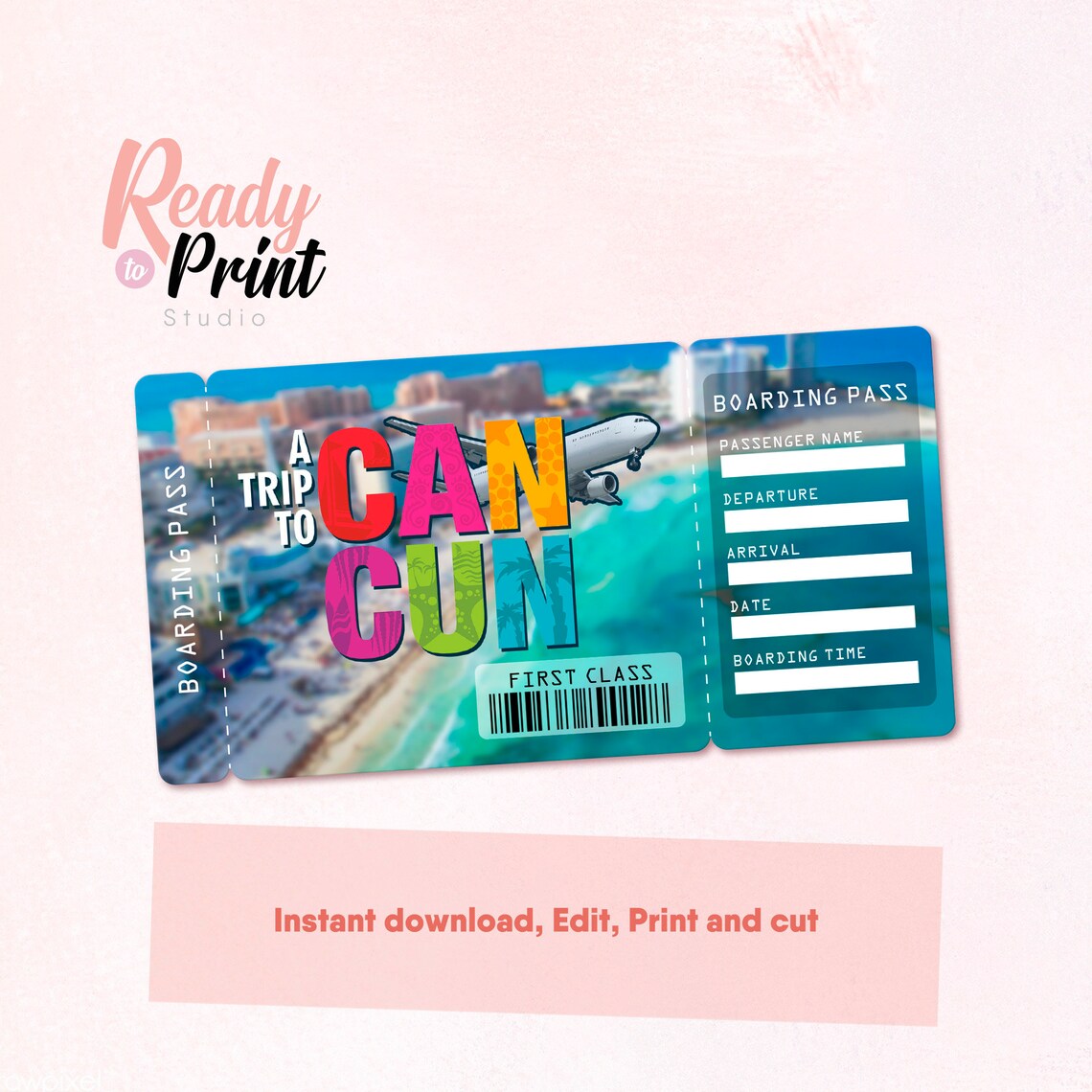 Cancun Mexico Printable Airline Ticket Boarding Pass Template Etsy