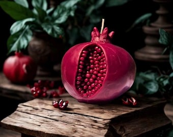 Puede incluir: Una vela roja en forma de granada con un diseño detallado de sección abierta que revela un racimo de cuentas de cera roja en su interior. La vela está sentada sobre una superficie de madera rústica.