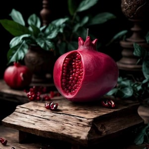 May include: A red pomegranate-shaped candle with a detailed design and a wick. The candle is on a wooden surface with red pomegranate seeds scattered around it.
