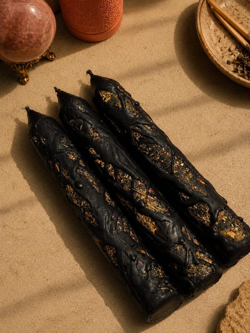 May include: Three cylindrical black candles featuring a textured, raised wax pattern that reveals embedded dried herbs and botanical elements. The candles have a pointed top and a dark, opaque finish, with the organic plant matter visible in the gaps.