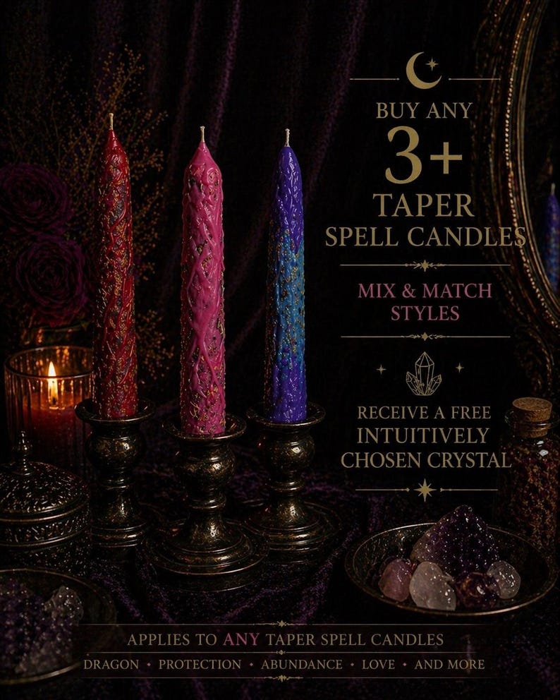 May include: Three textured taper spell candles in red, pink, and purple, each standing in a dark metallic candle holder. Text reads: BUY ANY 3+ TAPER SPELL CANDLES, MIX & MATCH STYLES, RECEIVE A FREE INTUITIVELY CHOSEN CRYSTAL, APPLIES TO ANY TAPER SPELL CANDLES.