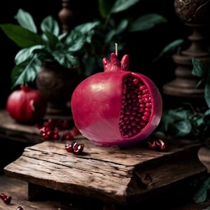 May include: A red pomegranate-shaped candle with a detailed, open section revealing red wax seeds. The candle is sitting on a rustic wooden surface.
