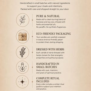 May include: An informational graphic titled SPELL TAPER CANDLES with a beige background. It lists product features including pure natural ingredients, eco-friendly packaging, herb-dressed candles, small-batch crafting, and an included ritual guide.