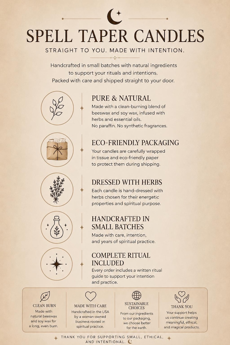 May include: An informational graphic titled SPELL TAPER CANDLES with a beige background. It lists product features including pure natural ingredients, eco-friendly packaging, herb-dressed candles, small-batch crafting, and an included ritual guide.