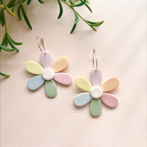 Clay Earrings | Multicolor Flower Dangles on Hoops | Spring Floral Earrings | Easter | Spring Jewelry | Pastel Earrings | Harry Styles