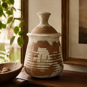 Puede incluir: Un tarro de almacenamiento de terracota con tapa a juego, que presenta una base ancha que se estrecha hacia la parte superior. El exterior tiene un acabado rústico y texturizado con una capa de esmalte blanco sobre la arcilla.