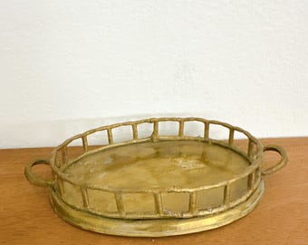 Vintage Bamboo Brass Oval Tray Double Bamboo Shaped Handles & Edge Made in India
