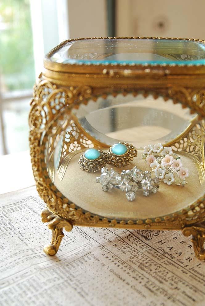 Antique French Ormolu Beveled Glass Jewelry Trinket Box