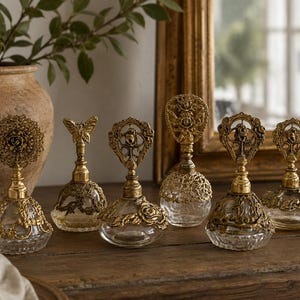 Vintage Filigree Perfume Bottle | Ornate Brass & Glass Vanity Bottle | Hollywood Regency Perfume Atomizer | Victorian Style Vanity Decor