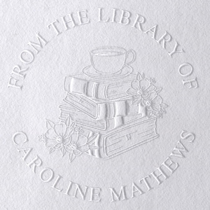 Personalized Book Embosser, Stack of Books with Coffee Cup | Custom Library Mark