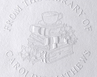 Personalized Book Embosser, Stack of Books with Coffee Cup | Custom Library Mark