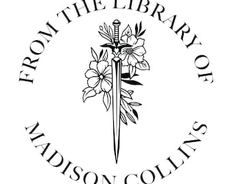 Personalized Floral Sword Book Stamp: Library Embosser, Wooden or Self Inking