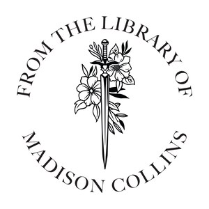 May include: Black and white illustration of a sword with flowers, surrounded by a circle with the text "From the Library of Madison Collins".