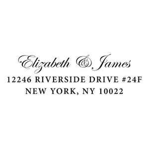 May include: A black and white return address label with the text "Elizabeth & James" and the address "12246 Riverside Drive #24F New York, NY 10022".