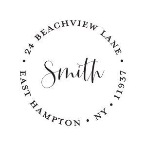 May include: A black and white circular return address label with the text "24 BEACHVIEW LANE EAST HAMPTON NY 11937" and the name "Smith" in cursive script.