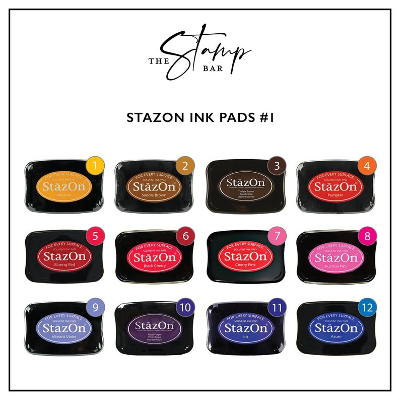 May include: Twelve ink pads in black containers with the text "StazOn" and a color name printed on each. The ink pads are arranged in four rows of three. The ink pad colors are: Mustard, Saddle Brown,  Indigo, Pumpkin, Burning Red, Black Cherry, Cherry Pink, Fuchsia Pink, Vibrant Violet, Royal Purple, Iris, and Aqua.