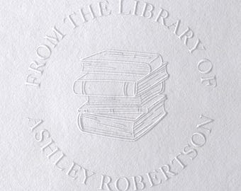 Personalized Book Embosser, Ex Libris Stack of Books Design, Custom Library Stamp