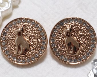 18mm Metal Shank Buttons, Rose Gold Cat Button, Rhinestone Button, Sewing Button #1M