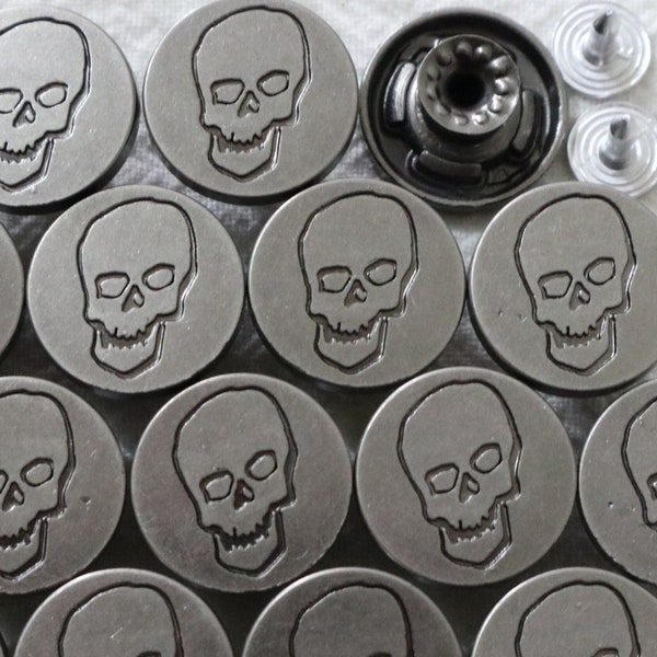 10 jeux - boutons en métal 17 mm, sans couture, boutons en os de tête de mort, punaises de jean, boutons à riveter, veste, manteau, fermetures et attaches