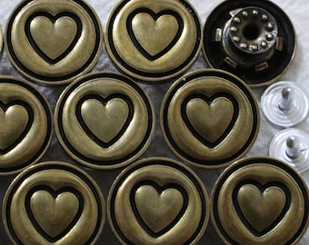 10 jeux - boutons jeans en métal 17 mm, sans couture, en forme de coeur, coeurs en bronze, punaises, boutons rivets, veste, manteau, fermetures et attaches