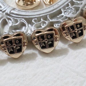 10 Pcs- 10mm Metal Shank Buttons, Heart Shaped Buttons, Enamel Buttons, Black and Gold Shank Buttons, Shirt, Clothes, Sewing Button #1M