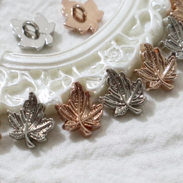 10 Pcs- 12mm Metal Shank Buttons, Silver Maple Leaf, Rose Gold Maple Leaf, Leaves, Plant, Shirt, Clothes, Clothing, Sewing Button #1M123