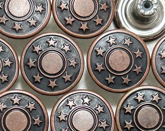 17mm Metal Jean Buttons (10 Sets), Bronze Star Jean Tacks, No Sew, Rivet Buttons, Jacket, Coat, Closures & Fasteners